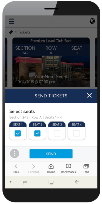 mobile view of account manager with select seats menu displayed