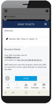 mobile view of account manager with send confirmation displayed