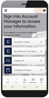 mobile view of account manager homepage with sign in circled in orange in top right corner